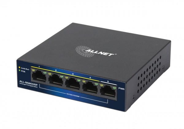 ALLNET Switch unmanaged Layer2 5 Port • 5x 1GbE • PoE Budget 69W • Fanless • ALL-SG8005P