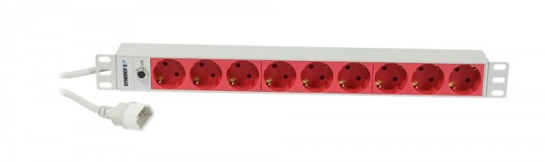 ALLNET 19&quot;zbh. Steckdosenleiste, 9xDosen(CEE7)-&gt;Kaltgeräte(Stecker,C14), mit 10A Überlastungsschutz, Lichtgrau/Rot, Synergy 21,
