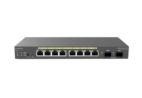 EnGenius Switch full managed Layer 2+ 10 Port • 8x 1 GbE • PoE Budget 55W • 8x PoE at • 2x SFP • Desktop-Switch • Lüfterlos • EWS2910P-FIT • FitCon