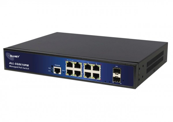 ALLNET Switch full managed Layer2+ 10 Port • 8x GbE • PoE Budget 130W • 8x PoE at • 2x SFP • 19&quot; • Fanless • ALL-SG8610PM
