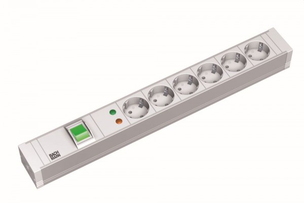 ALLNET 19"zbh. Steckdosenleiste, 6xDosen(CEE7)->Stecker(CEE7), ÜS/Schalter, PVC, >1HE, Bachmann,