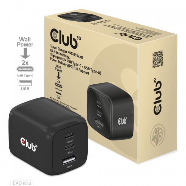 Club 3D Netzteil USB Typ A &amp; C 3-fach 65W