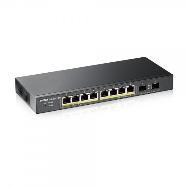 Zyxel Switch smart managed Layer2 10 Port Â• 8x 1 GbE Â• PoE Budget 77 Watt Â• 8x PoE at Â• 2x SFP Â• Desktop Â• Lüfterlos Â• GS1900-10HP V2