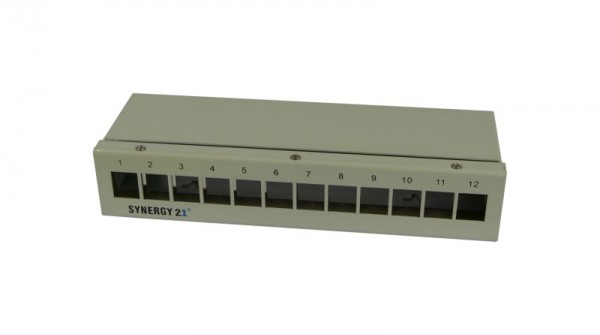 Patch Panel 12xTP, CAT8.1, incl.Keystone, Slim-line, Aufputz Metall, Lichtgrau, Synergy 21,