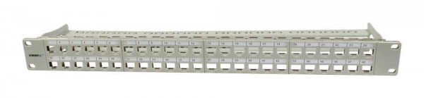 Patch Panel 48xTP,CAT6A, incl.Keystone Slim-line/Short mit Staubschutzklappe, 19&quot;, 1HE(t95mm), Lichtgrau, Synergy 21,