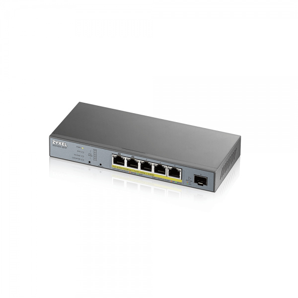 Zyxel Switch smart managed Layer2 6 Port Â• 5x 1 GbE Â• PoE Budget 60 Watt Â• 5x PoE at Â• 1x SFP Â• Desktop Â• Lüfterlos Â• GS1350-6HP