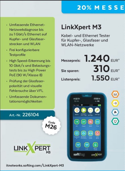 Softing, LinkXpert M3, Kupferkabel, Glasfaserkabel und WLAN Netzwerktester, *MessePromo 08.03.26-30.03.26*,