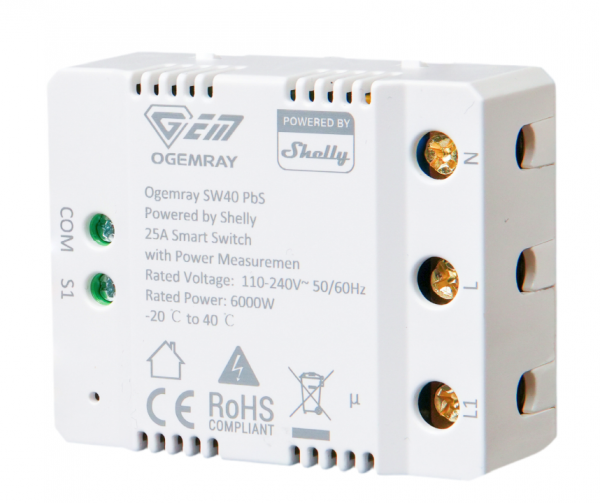 Shelly PbS · "Ogemray Smart Relay 25A" · Großgeräte Relais · max. 25A · Messfunktion · WLAN · LAN · BT · SW40-25A-Relay-PbS