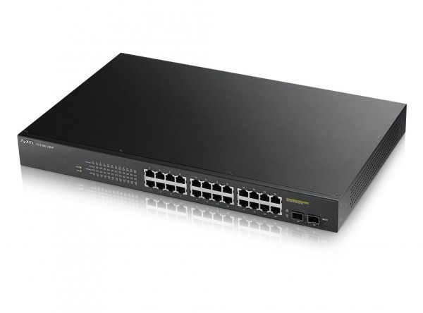 Zyxel Switch smart managed Layer2 26 Port • 24x 1 GbE • PoE Budget 170 Watt • 24x PoE at • 2x SFP • 19" • GS1900-24HPV2