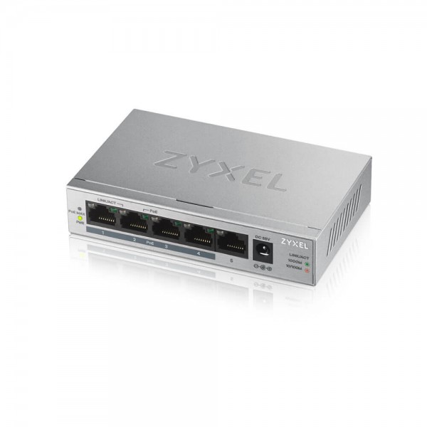 Zyxel Switch unmanaged Layer2 5 Port Â• 5x 1 GbE Â• PoE Budget 60 Watt Â• 4x PoE at Â• Desktop Â• Lüfterlos Â• GS-1005HP