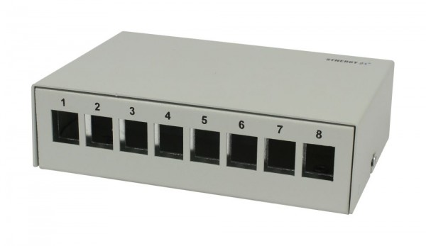 Patch Panel 8xTP, CAT6A, incl.Keystone, Slim-line/Short mit Staubschutzklappe, Aufputz Metall, Lichtgrau, Synergy 21,