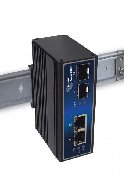 ALLNET switch industrial unmanaged Layer2 4 Port GbE • PoE Budget 180W • 2x PoE bt • 2x SFP • Fanless • DIN • ALL-SGI8004P