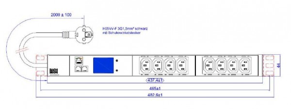 Bachmann PDU, Steckdosen, 8xDosen(C13)-> Zuleitung 2m, 16A, mit Stecker CEE7/7, BN2000,