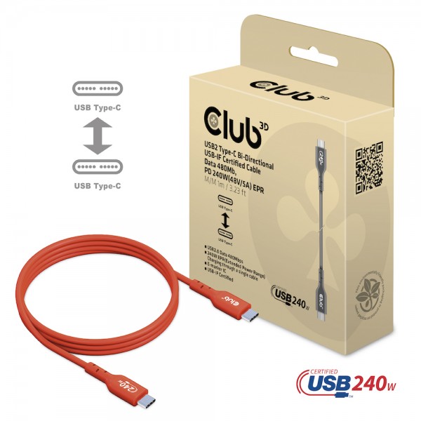 Kabel USB, C(St) =&gt; C(St), 1.0m, USB2.0, *Club 3D* 240W