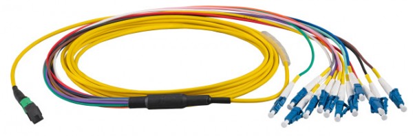 LWL-MTP®-Female-LC Patchkabel OS2 LowLoss, 12 Faser(Fanout,Pin1-12)-&gt; 6xLC duplex, 1m, 9/125u,