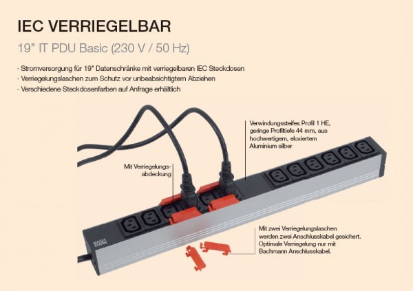 ALLNET 19&quot;zbh. Steckdosenleiste,12xKaltgeräte(C13)-&gt;Stecker(CEE7), mit Verriegelungssystem, Bachmann,