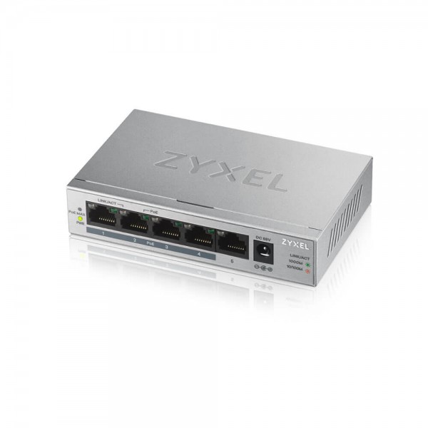 Zyxel Switch unmanaged Layer2 5 Port • 5x 1 GbE • PoE Budget 60 Watt • 4x PoE at • Desktop • Lüfterlos • GS-1005HP