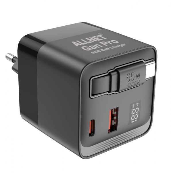 ALLNET replacement power supply QC USB-C PD GaN power supply Power Supply 65 Watt 1x USB Type-A QC, 1x USB Type-C/ 1x USB Type-C retractable **EU PLUG** black