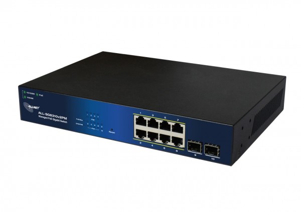 ALLNET Switch smart managed Layer2 10 Port • PoE Budget 140W • 8x PoE at • 2x SFP • 19" • Fanless • ALL-SG8310v2PM