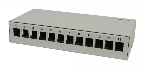 Patch Panel 12xTP, CAT6A, incl.Keystone, Short mit Kabelklemme, Aufputz Metall, Lichtgrau, Synergy 21,