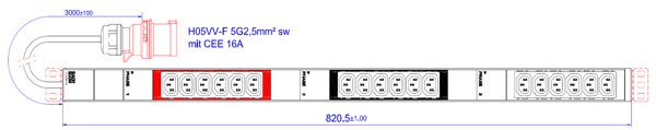 Bachmann PDU, Steckdosen, 18xDosen(C13)-&gt; 3ph Zuleitung 3m, mit Stecker CEE 16A Rot,