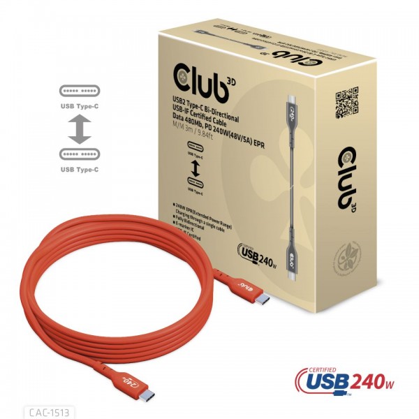 Kabel USB, C(St) =&gt; C(St), 3.0m, USB2.0, *Club 3D* Bi-Direktional 240W