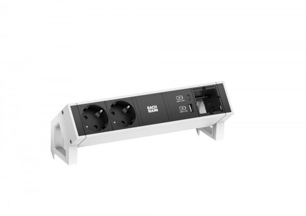 Bachmann Desk2 Steckdosenleiste, 2xDosen(CEE7), 1xUSB A&amp;C 22W, 1xABD, mit Zuleitung 0,2m GST18, weiss lackiert,