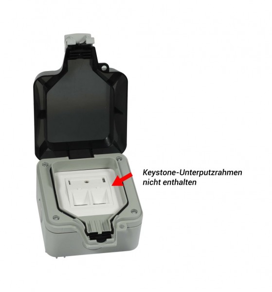 Dosen TP,AP(IP66),2-fach(Eckiger Außenrahmen),CAT6A, Keystone Slim-line mit Kabelklemme, Reinweiss, Synergy 21,