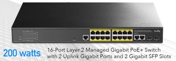 Cudy 16-Port Layer 2 Managed Gigabit PoE+ Switch with 2 Uplink Gigabit Ports and 2 Gigabit SFP Slots, 200W, GS2018PS2-200W