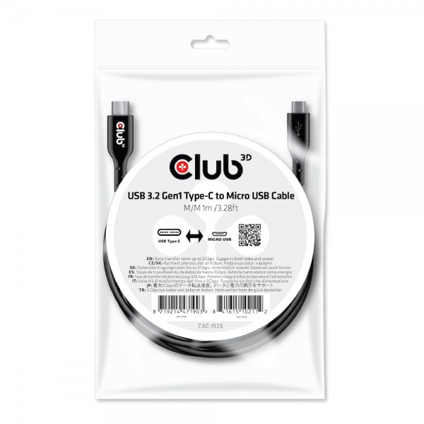 Kabel USB, C(St) =&gt; Micro USB(St), 1.0m, USB3.2, *Club 3D*