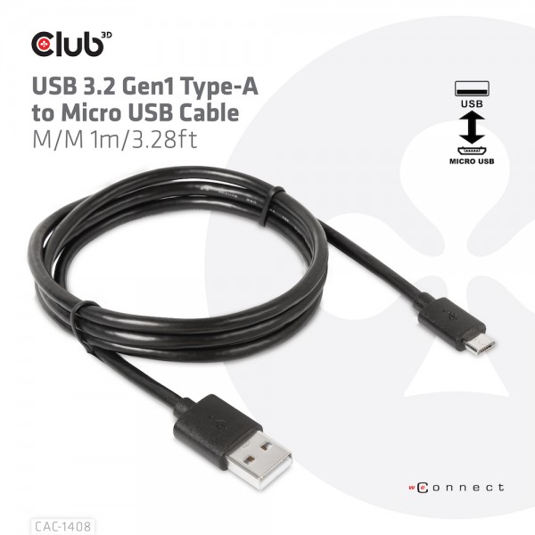 Kabel USB, A(St) =&gt; Micro B(St), 1.0m, USB3.2, *Club 3D*