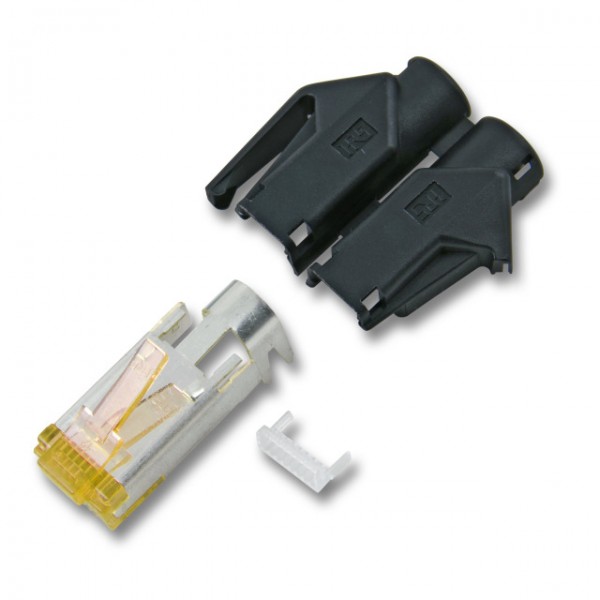 TP-Stecker STP Hirose,CAT6A(TM31),100-PACK,incl.Knickschutz, Schwarz