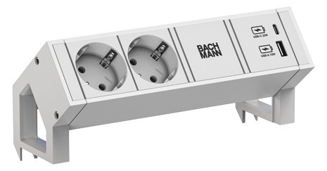 Bachmann Desk2 Steckdosenleiste, 2xDosen(CEE7), 1xUSB Charger 22W, mit Zuleitung 0,2m GST18, Weiss,