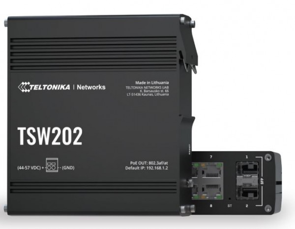 Teltonika · Switch · TSW202 · 8 Port Gigabit Industrial managed PoE+ Switch, 2 SFP