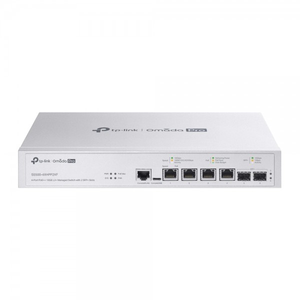 Omada PRO full managed Layer 2+ Switch • 6 Port • 4x 10GbE, 2x SFP+ • PoE Budget 200W • 4x PoE af/at/bt • Omada PRO • S5500-4XHPP2XF