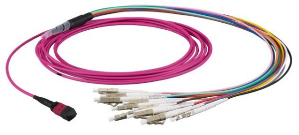 LWL-MTP®-Female-LC Patchkabel OM4 LowLoss, 12 Faser(Fanout, Pin1-12)-&gt; 6xLC duplex, 2m, 50/125u,