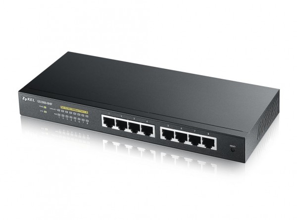 Zyxel Switch smart managed Layer2 8 Port Â• 8x 1 GbE Â• PoE Budget 77 Watt Â• 8x PoE at Â• Desktop Â• Lüfterlos Â• GS1900-8HP V3