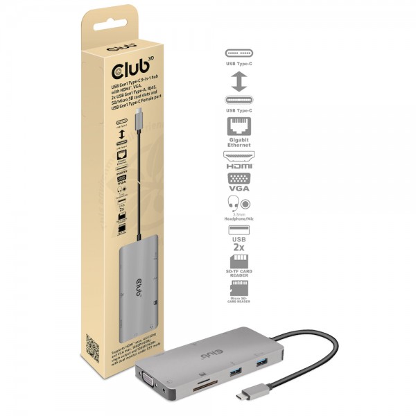 USB Hub Typ C =&gt; VGA/HDMI/2x USB-A/LAN/Card-Reader *Club 3D*