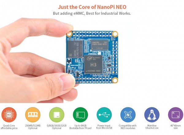 FriendlyELEC NanoPi NeoCore LTS- 512MB 8GB EMMC QuadCore Allwinner H3 (pins not soldered)