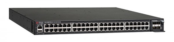 CommScope RUCKUS Networks ICX 7450 Switch 48-port 1 GbE SFP fiber switch bundle includes 4x10G SFP+ uplinks, 2x40G QSFP+ uplinks/stacking, 2x250W AC power supply and two fans, front to back airflow