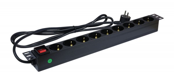ALLNET 19"zbh. Steckdosenleiste, 9xDosen(CEE7)->Stecker(CEE7), Schalter, Schwarz, Synergy 21