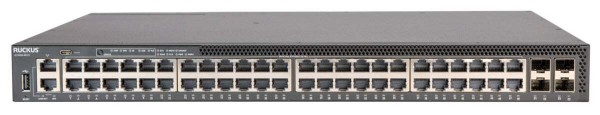 CommScope RUCKUS ICX8200-48PF2-E Switch, 48x10/100/1000 Mbps PoE+ ports, 4x25 GbE SFP28 stacking/uplink-ports, 740 W PoE budget (with 1x PSU, 1x FAN)