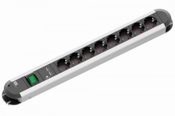 Bachmann Tischsteckdose, 8xDosen(CEE7)-&gt;Stecker(CEE7), 1xUSB, 1xSchalter, 2m, PRIMO,