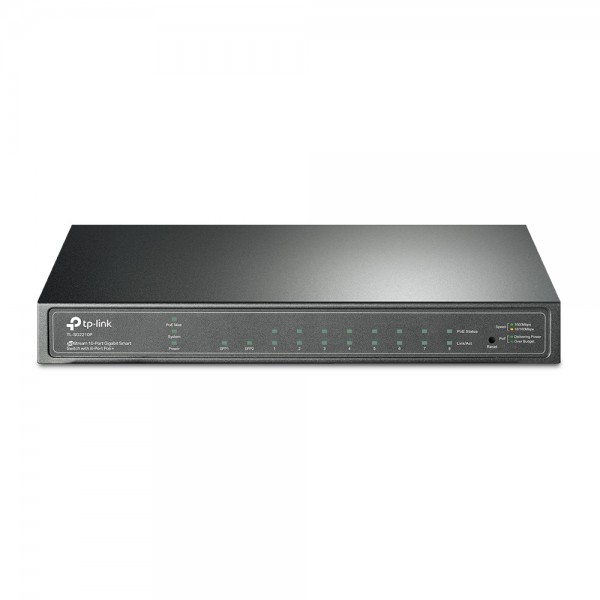 TP-Link Switch full managed Layer2 10 Port • 8x 1 GbE • PoE Budget 58 Watt • 8x PoE at • 2x SFP • 10? • Lüfterlos, Omada • SG2210P
