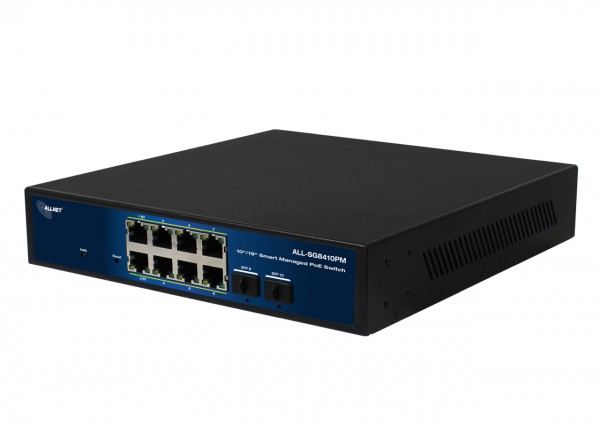 ALLNET Switch smart managed Layer2 10 Port • 8x 1 GbE • PoE Budget 240 Watt • 8x PoE at / 2x PoE bt • 2x SFP • Fanles • 19? • ALL-SG8410PM