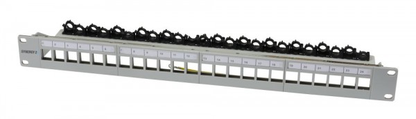 Patch Panel 24xTP,CAT6A, incl.Keystone Slim-line mit Kabelklemme, 19&quot;, 1HE(t 94mm) mit Kabelklemme, Lichtgrau, Synergy 21,