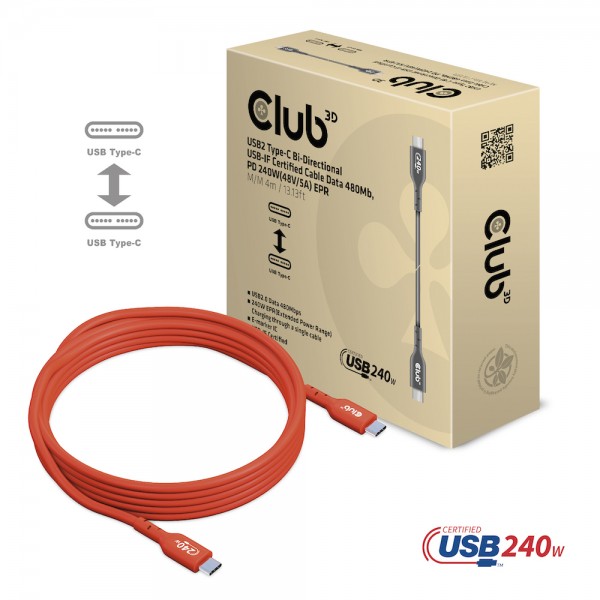 Kabel USB, C(St) =&gt; C(St), 4,0m, USB2.0, *Club 3D* 240W