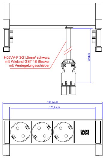 Bachmann Desk2 Steckdosenleiste, 3xDosen(CEE7), mit Zuleitung 0,2m GST18, Inox lackiert