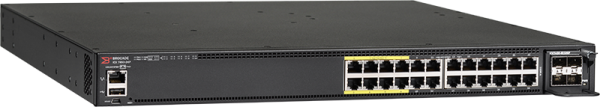RUCKUS Networks switch full managed layer3 27 port • 24x 1 gbe • 24x poe at • 3 qsfp+ • 1 fan • 19" • icx7450-24p-40g-e • 1x 1000w ac power supply