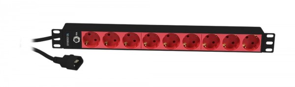 ALLNET 19&quot;zbh. Steckdosenleiste, 9xDosen(CEE7)-&gt;Kaltgeräte(Stecker,C14), mit 10A Überlastungsschutz, Schwarz/Rot, Synergy 21,